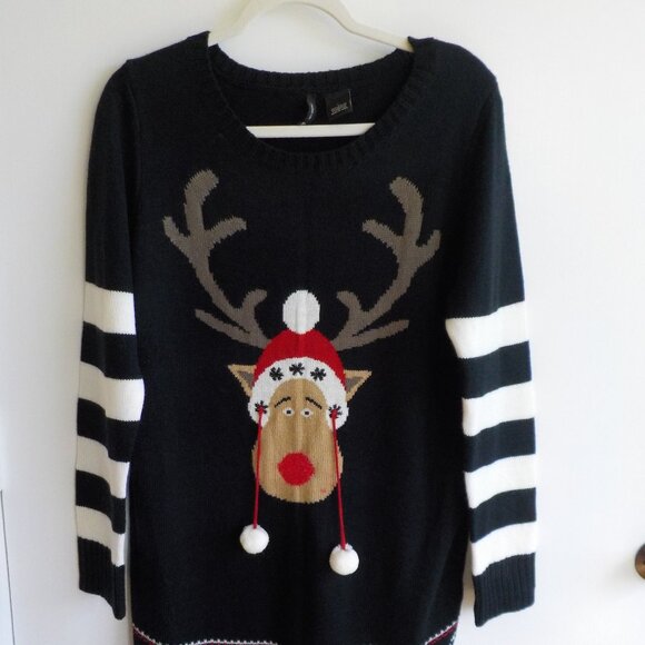 New Directions Dresses & Skirts - Sweater Dress - Holiday - Reindeer - Black - Size Large - Long Sleeve  (504)